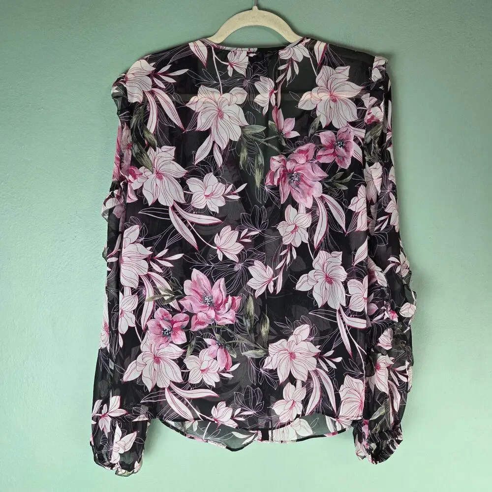 White House Black Market Womens Pink Floral Ruffle Sheer LS Blouse Size Large